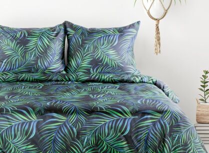 Pościel z mikrowłókna 160x200 PALMS 1 czarna z zielonym niebieskim nadrukiem liści palmy