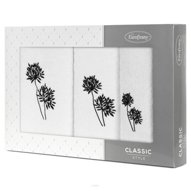 Komplet ręczników 3 szt. ACELIA białe z haftowanym czarnym wzorem kwiatów facelii w kartonowym pudełku