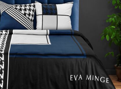 Pościel z makosatyny 160x200 EVA 8 Eva Minge czarna niebieska z geometrycznym nadrukiem i wzorem w pepitkę z kolekcji Premium