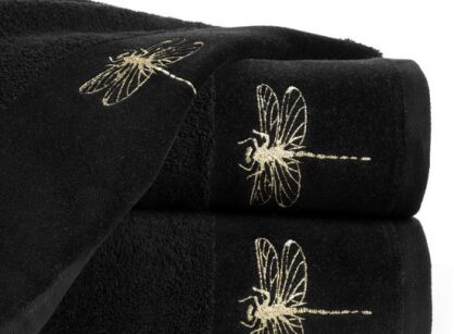 Ręcznik 70x140 LORI 1 czarny z błyszczącym haftem w kształcie ważki na szenilowej bordiurze
