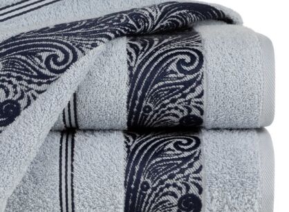 Ręcznik bawełniany 50x90 SYLWIA 1 niebiieski z bordiurą żakardową w ornamentowy wzór