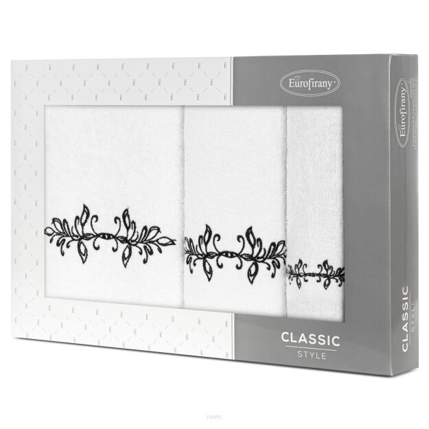 Komplet ręczników 3 szt. KAMELIA białe z haftowanym czarnym wzorem delikatnych listków w kartonowym pudełku