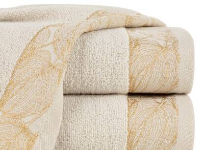 Ręcznik bawełniany 50x90 AGIS beżowy puszysty z żakardową bordiurą liści lilii wodnej