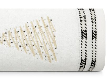 Ręcznik świąteczny 50x90 EVE 2A biały z żakardową bordiurą zdobiony dżetami i haftem złotym choinki