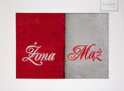 Komplet ręczników MĄŻ ŻONA popielate czerwone haftowane w kartonowym pudełku 2x50x90