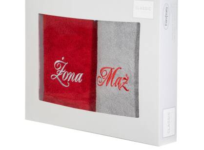 Komplet ręczników 2x50x90 MĄŻ ŻONA popielate czerwone haftowane w kartonowym pudełku 