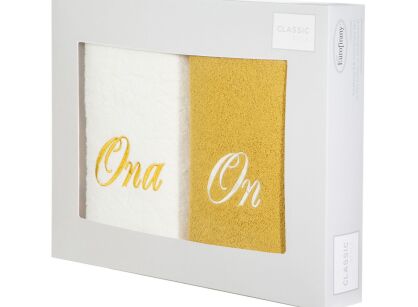 Komplet ręczników  2x50x90 ON ONA kremowe musztardowe haftowane w kartonowym pudełku