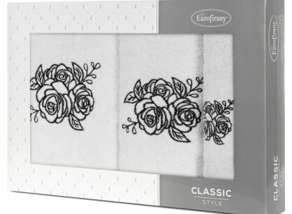 Komplet ręczników 3 szt. ROSALIA białe z haftowanym czarnym wzorem różyczek w kartonowym pudełku