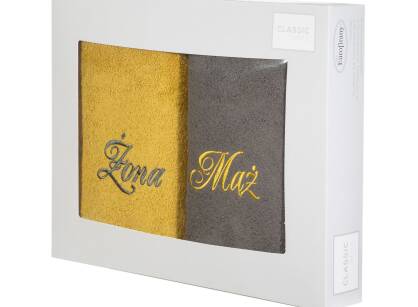 Komplet ręczników 2x50x90 MĄŻ ŻONA stalowe musztardowe haftowane w kartonowym pudełku