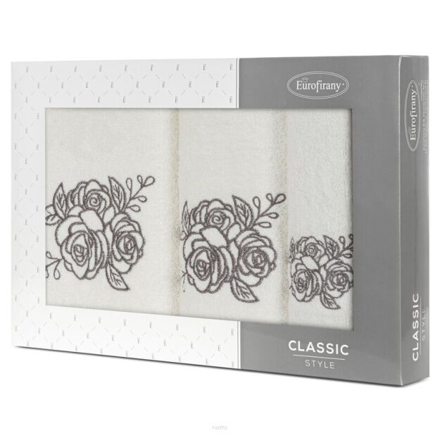 Komplet ręczników 3 szt. ROSALIA kremowe z haftowanym grafitowym wzorem różyczek w kartonowym pudełku
