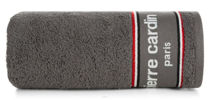 Ręcznik KARL 70x140 KARL Pierre Cardin srebrny zdobiony kontrastową bordiurą z napisami Pierre Cardin
