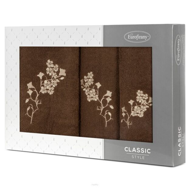 Komplet ręczników 3 szt. BLOSSOM brązowe z haftowanym beżowym wzorem kwiatowym w kartonowym pudełku