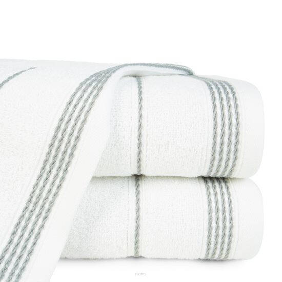 Ręcznik bawełniany 70x140 MIRA biały zdobiony bordiurą w pasy