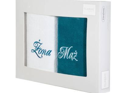 Komplet ręczników 2x70x140 MĄŻ ŻONA białe ciemny turkus haftowane w kartonowym pudełku