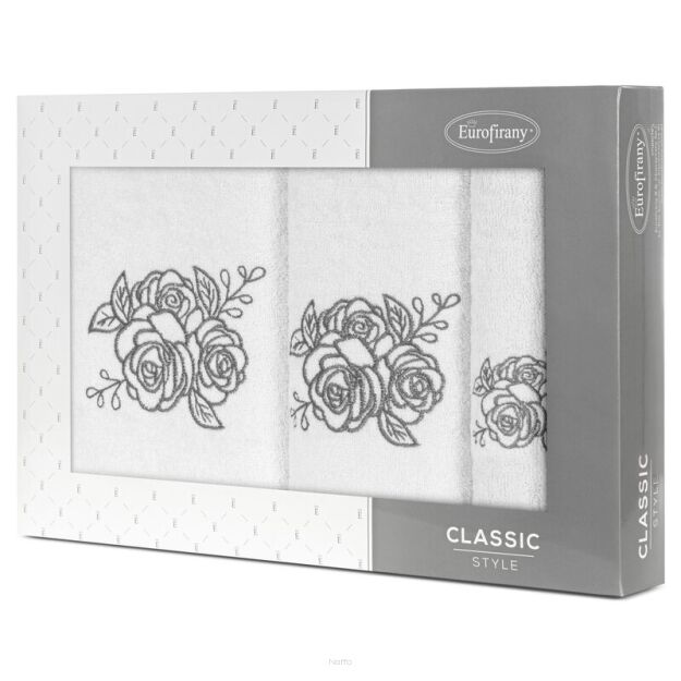 Komplet ręczników 3 szt. ROSALIA białe z haftowanym grafitowym wzorem różyczek w kartonowym pudełku